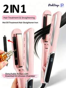 PinkSings Hair Straightening Iron With Hot Oil Treatment For Less Heat Damage, Wide Flat Iron With Essential Oil Roller For Hair Caring, 6 Temperature Settings - Pink - View 13