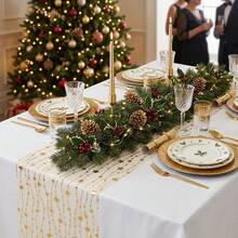 1pc Transparent Mesh Star Garland Christmas Holiday Table Runner, Elegant Thin Mesh Glitter Tablecloth Centerpiece Home Decor For Holiday Birthday Party Dinner, Gold And Silver - Gold - View 10