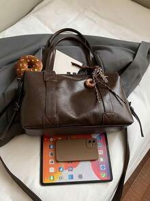 Nicekee Casual And Stylish Large Capacity Handbag With Pendant, Retro And Simple Solid Color Shoulder Bag, Suitable For Commuting Shopping - Coffee - View 11