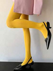 1件亮黃色高腰彈性女款緊身褲，搭配時尚增高修身長褲，萬聖節裝扮 - 黃色 - 查看 3