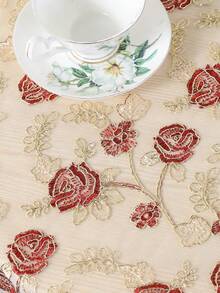 HXARTMIS 1pc French Vintage Rose Embroidered Lace Tablecloth, Hollow Lace Trim Square Dining Table Cover, Suitable For Dining Table, Coffee Table, Home Decor - Red - View 5