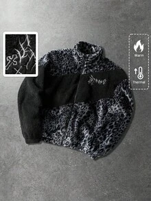 Modcrash Men's Autumn/Winter Daily American Retro Dark Street Style Leopard Print Patchwork Cross Embroidery Stand Collar Long Sleeve Jacket Regular Fit Casual - Black - View 4