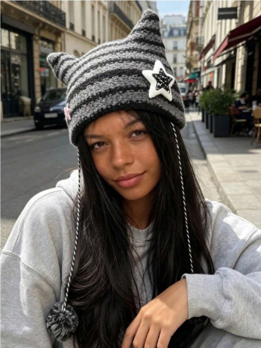 1pc Punk Gothic Y2K Cute Black & White Striped Cat Ear Knit Beanie, Women's Warm Crochet Demon Hat, Autumn/Winter