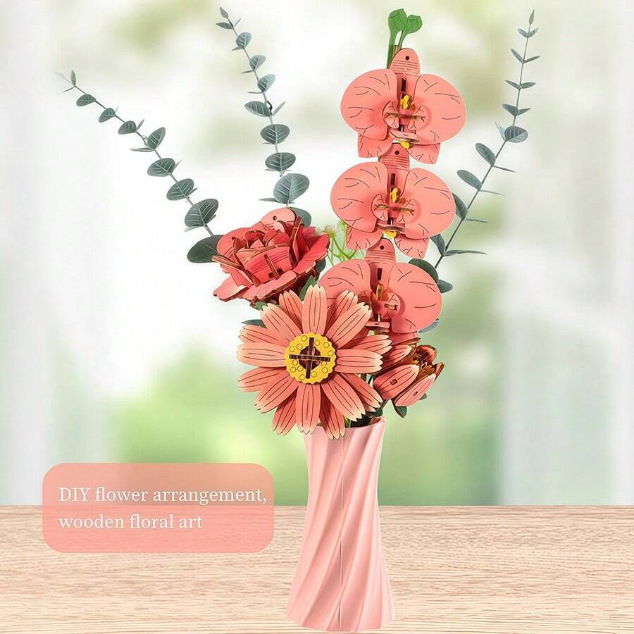 DIY Wooden Flower 3D Puzzle Building Kit With Vase, Hand‑Assembled Artificial Floral Bouquet Model, Art Desktop Home Table Decor Ornament Gift - Multicolor - View 1