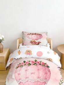 1 Set Of Watercolor Pink Hot Air Balloon Duvet Cover, Cute Bear Rabbit Print Duvet Cover, Polyester Material, Suitable For Baby Crib - Multicolor - View 6