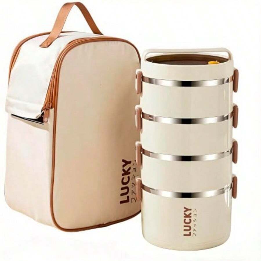 1 Set Large Capacity Stainless Steel Lunch Box, Includes Lunch Bag, Utensils And Bento Box, Reusable Portable Insulated Lunch Box Suitable For School, Camping, Back To School, School Supplies And Classroom, Kitchen Supplies - Beige - View 1