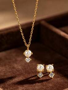 14K Gold Plated Round Pearl & Zirconia Necklace & Earrings Set, Elegant & Fashionable, Hypoallergenic, Perfect Gift For Women - Gold - View 1