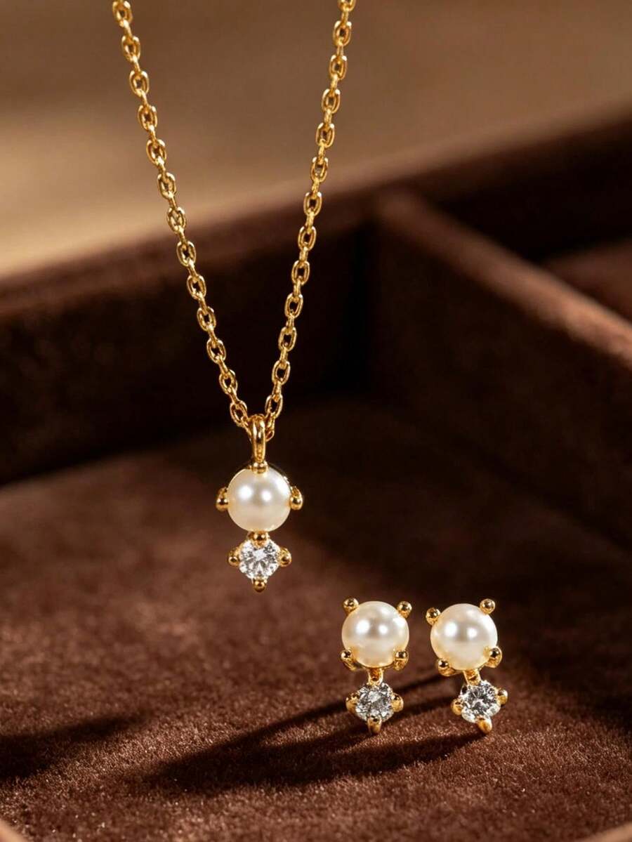 14K Gold Plated Round Pearl & Zirconia Necklace & Earrings Set, Elegant & Fashionable, Hypoallergenic, Perfect Gift For Women - Gold - View 1