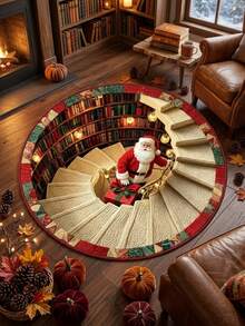1pc 3D Optical Illusion Christmas Round Rug, Santa Claus Spiral Staircase Bookshelf Pattern Non-Slip Floor Carpet, Suitable For Living Room, Bedroom, Entryway Home Decor Holiday Christmas Decoration Rug, Bedroom Decor, Small Rug, Carpet, Home Decor, Living Room Rug, Living Room Small Rug, Bedroom Rug, Living Room Home Decor, Outdoor Rug, Washable Carpet - Multicolor - View 1