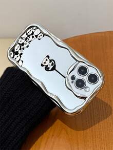 Electroplated Silver Glossy Wavy Frame Hanging Lanyard Cute Panda Phone Case, High Gloss Full Coverage Anti-Drop Protective Shell, Compatible With Apple 11/12/13/14/15/16/17/PRO/PROMAX/PLUS/AIR And Other Phone Models - Silver - View 6