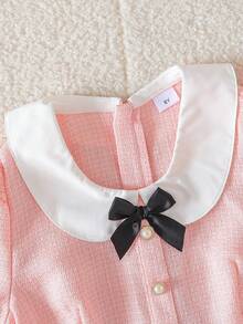 Autumn/Winter Girls Casual Cute Versatile Party Fresh Minimalist Round Neck Bow Beaded Colorblock Long Sleeve Dress - Pink - View 5