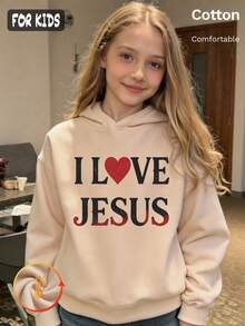 هودي خريفي للبنات بطراز Y2K مع طباعة I LOVE JESUS وتصميم قلب أحمر، بلوزة قطنية بيضاء بأكمام طويلة - لون مشمشي - مشاهدة 4