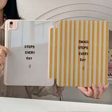 1件黃米色直條紋「Small Steps Every Day」語錄印花保護殼，附筆槽、多角度磁吸支架，支持自動休眠/喚醒，平板保護殼，適用於 iPad PRO/AIR、Pad 5/6/7、MatePad - 彩色 - 查看 3