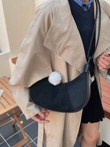 1款純色PU材質拉鍊女款包，復古百搭單肩斜挎包，適合女性日常使用、旅行 - 黑色 - 查看 4