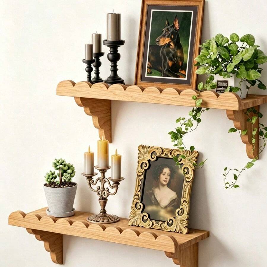 Floating Wooden Wall Shelf With Wooden Bracket, Suitable For Living Room, Bedroom, Bathroom And Other Places, Easy To Install Vintage Style Wall Shelf - Multicolor - View 1