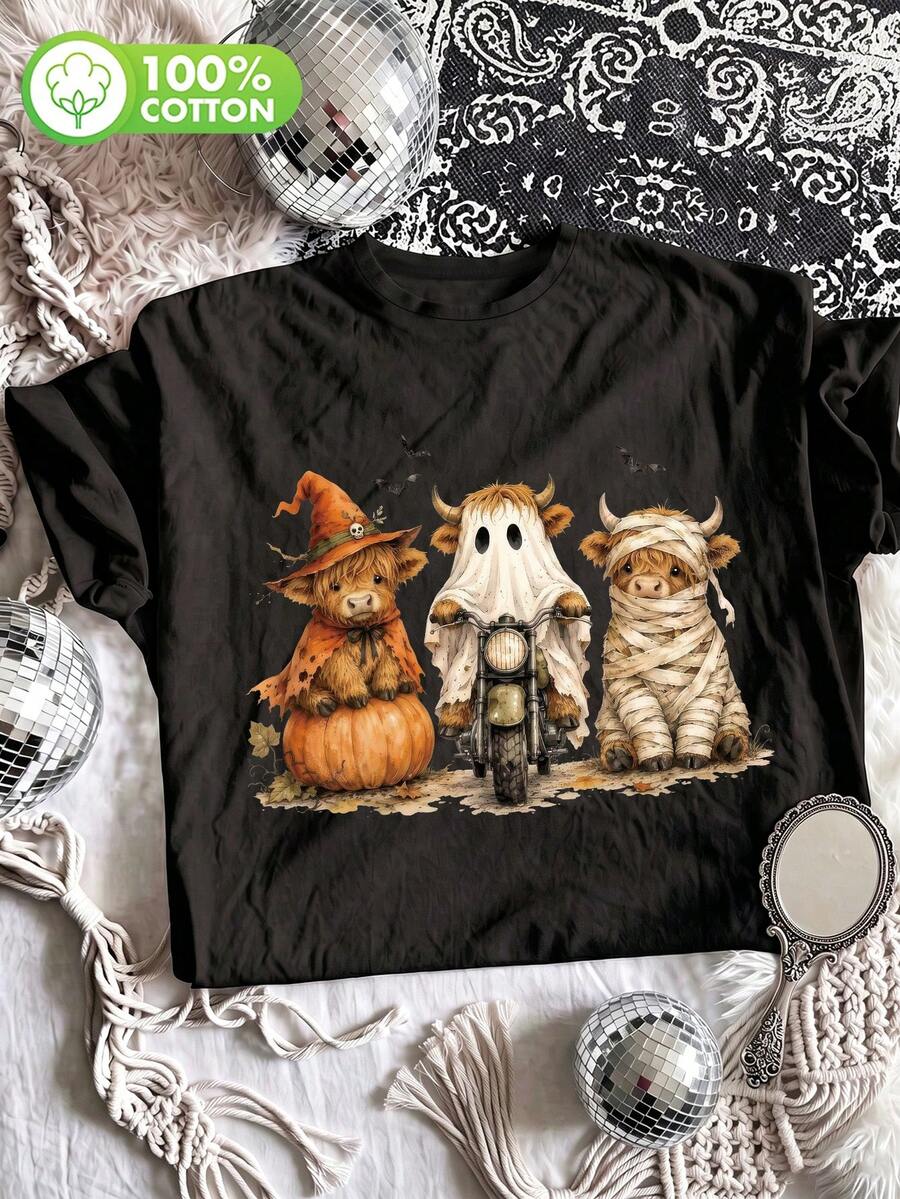 Retro-Style Plus-Size Black Casual T-Shirt Featuring An Embossed Halloween Design (Calf, Pumpkin, And Ghost); Madeof100% Cotton; Perfect For Halloween - Black - View 1