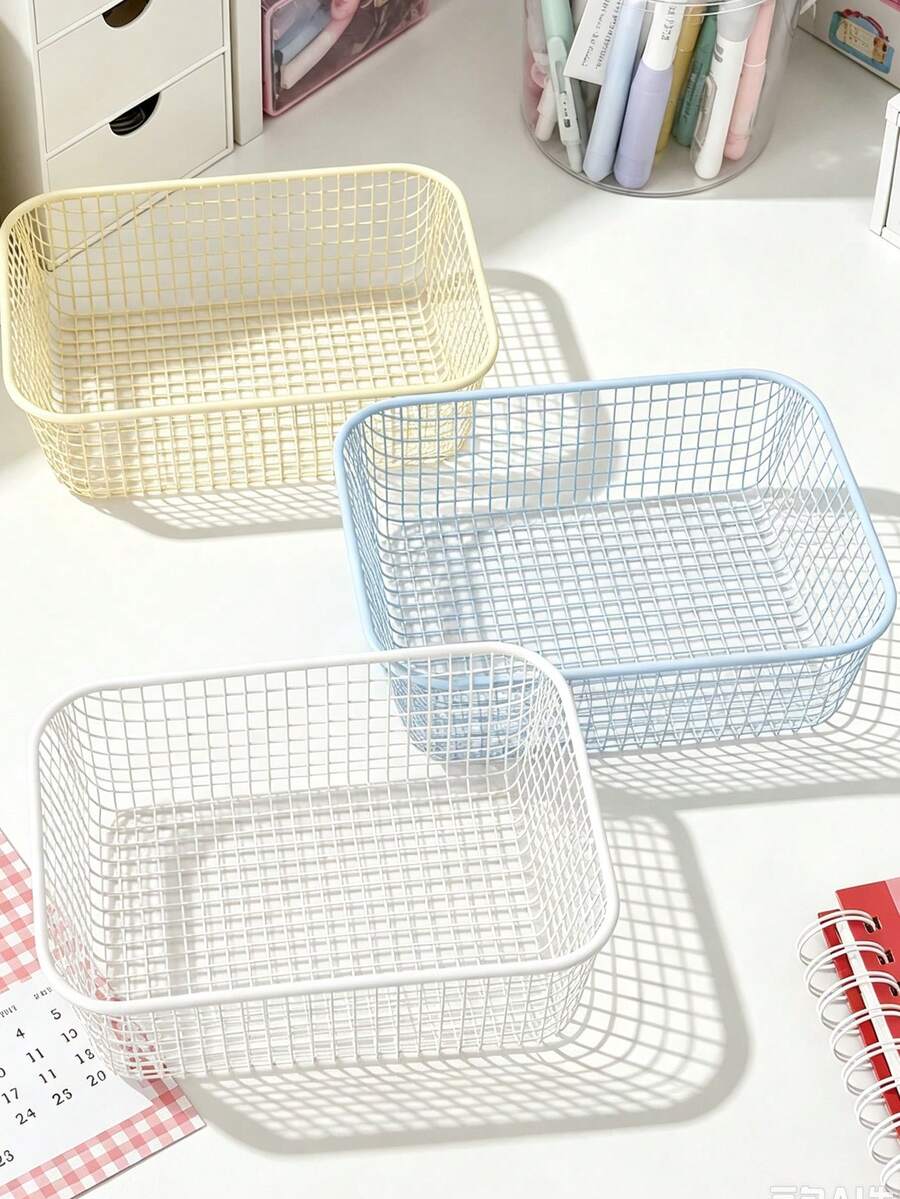 1PC Metal Square Desktop Storage Bins, Open‑Top Iron Storage Baskets For Desk Small Clutter Organizing, Minimalist Style Storage Container, Tabletop Small Supplies Holding Organizer For Office Desk Bedroom Vanity Daily All‑Season Use Gift Selection - Multicolor - View 1