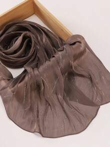 1pc Solid Color Fashionable Rectangular Textured Chiffon Hijab Scarf - Brown Rhinestones - View 3