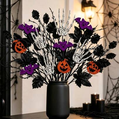 5pcs Party Desktop Vase Ornaments, Halloween DIY Floral Arrangements Cuttings,Halloween Themed Simulation Decoration Cuttings, Silver Skeleton Hands, Purple Bat Pumpkin Patches, Black Leaf Bouquet Accessories