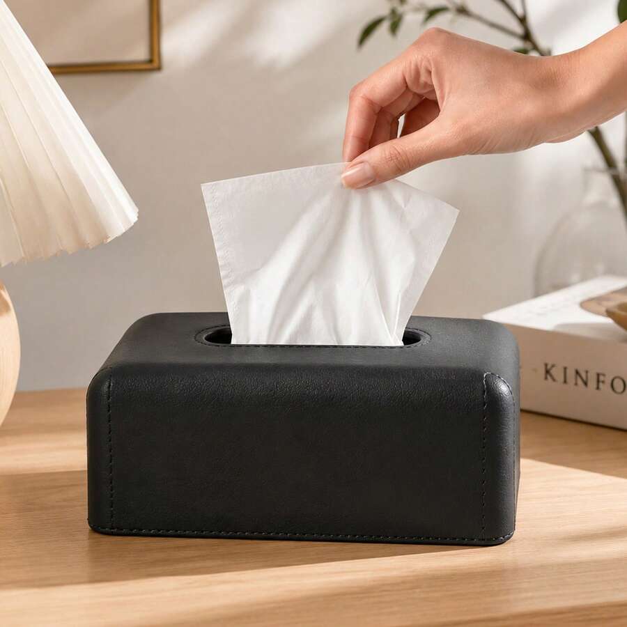 Hemdekoration svart läder med träådring, servettbox med rundad repbeständig design, mångsidig för entré, soffbord och sovrum, lyxig livsstilsestetik, nödvändig hemtillbehör - Multifärgad - Visa 1