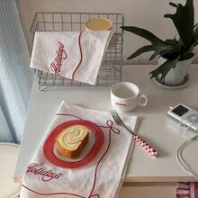 1/2/6pcs Vintage Red Line Bow Placemats, Happy Holiday White Fabric Embroidered Napkins, Dessert Table Photo Decoration Table Mat, Suitable For Holiday Party - Multicolor - View 8