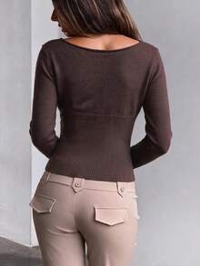 Dila Polly Women's Autumn/Winter Solid Color Slim Fit Versatile Daily Long Sleeve Sweater, Chocolate Brown Off-Shoulder Knit Base Layer - Brown - View 4