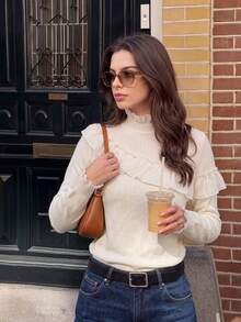 Atasan Rajut Lengan Panjang Kerah Semi Tinggi Kasual Warna Aprikot Terbaru untuk Wanita, Atasan Dalaman Berkerut dengan Desain Manik-manik, Sweater Lengan Panjang Musim Gugur - Aprikot - View 1