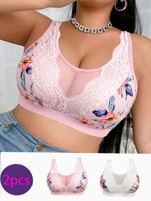 2pcs/Set Women Plus Size Casual Comfortable Minimalist Style Bra, Printed Design With Lace Patchwork, Wire-Free Soft Comfortable Lingerie - Multicolor - View 3