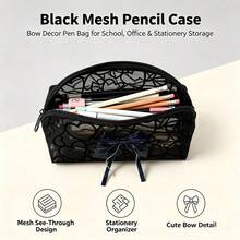 Black Mesh Multi-Purpose Storage Bag, Heart Pattern Makeup Bag With Elegant Bow Decoration, Lightweight Portable Zipper Storage Bag, Suitable For Travel, Toiletries, Small Accessories, Stationery, Makeup Brushes, Daily Practical Handheld Storage Bag Gift - Multicolor - View 5
