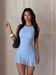 1pc Solid Color Sexy Knit Fabric Sleeveless Dress Beach Summer - Blue - View 3