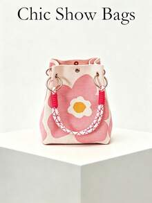 Women's Knitted Bucket Tote Handbag, Pink Floral With Metal Ring, Snap Closure, Portable Sweet Casual Commuter Bag, Suitable For Women's Spring/Summer Daily Use - Pink - View 1