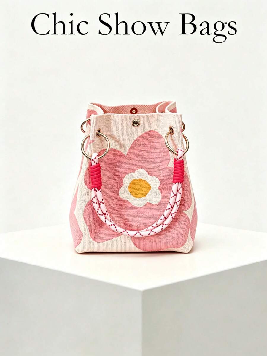 Women's Knitted Bucket Tote Handbag, Pink Floral With Metal Ring, Snap Closure, Portable Sweet Casual Commuter Bag, Suitable For Women's Spring/Summer Daily Use - Pink - View 1