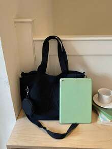 Tote Bag With 3D Star Embossed Design And Detachable Round Small Pouch, Long And Short Dual Shoulder Straps, Hand-Carry And Crossbody 2-In-1, Loose Soft Slouchy Fit, Fits Books, Water Bottles And Other Personal Items, Suitable For Work, School, Commuting, Shopping, Strolling And Short Trips - Black - View 3