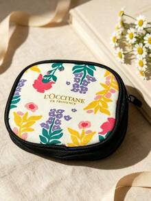L'Occitane Provence Floral Print Square Fabric Makeup Bag Portable Mini Storage Pouch For Travel Daily Use Birthday Holiday Gift For Women LOCCITANE‑GIFT‑19 - Black+White+Yellow+Green - View 3