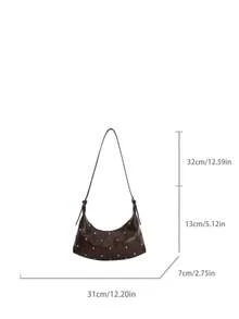 1pc Fashion Rivet Patchwork Crescent Handbag, Vintage Versatile Exquisite Shoulder Bag - Coffee - View 6