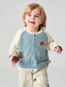 mini bala Boys Fluffy Animal Pattern Cardigan Soft Color‑Block Raglan Sleeve Knit Top For Autumn Winter - Gray Blue - View 1