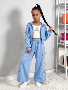 Girls' Autumn/Winter Fashion Set, Short Sweatshirt Hoodie Sweatshirt With Bow Decor And Loose Wide-Leg Pants - Blue - View 2