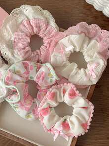 2/6pcs Peach Pink Lace Trim Scrunchies, Pink Sweet Cute Bow Lace Multi-Functional Hair Tie Hair Accessories Set, Peach Pink Lace Trim Scrunchies High Elasticity, Non-Damaging Hair Ties Mori Style Super Fairy Hair Rope Sweet Hair Accessories, Add Atmosphere Decorative Gift First Choice - Multicolor - View 6