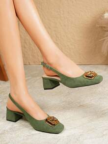 2026 New Elegant Suede Square Toe Chunky Heel 4.5cm Backless Sandals With Adjustable Buckle Design And Ring Wrap Intertwined Buckle, Soft And Comfortable Fit To Foot Shape, Easy To Walk, Suitable For Commuting, Gatherings, Dates And Various Occasions Women's Shoes - Dark Green - View 1