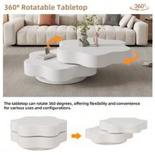 N625P300082083W) طاولة قهوة على شكل زهرة، سطح علوي دوار 360°، طاولة غرفة معيشة دوارة، طاولة أريكة الطبقة، 2 سطح تخزين، سعة حمولة إجمالية موصى بها 30 كجم، MDF، أبيض كريمي - أبيض - مشاهدة 4