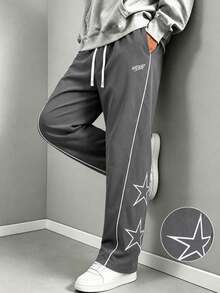 Pants For Men, Baggy Pants, Track Pants, Grey Pants, Casual Pants, Streetwear, Star Graphic, Contrast Piping, Open Hem Sports - Grey - View 1