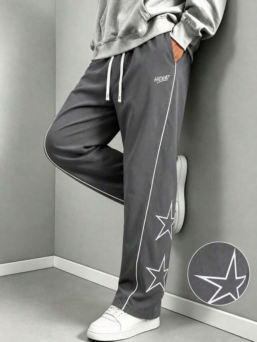 Pants For Men, Baggy Pants, Track Pants, Grey Pants, Casual Pants, Streetwear, Star Graphic, Contrast Piping, Open Hem Sports - Grey - View 1