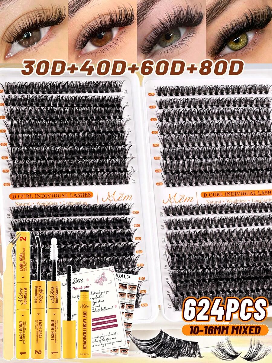 Set Bulu Mata Palsu Fluffy 624 D-Roll, Cocok Untuk Pemula, Bulu Mata Segmen Tebal DIY, Termasuk Lem dan Perekat Bulu Mata, Pinset, Efek Mata Besar, Ringan dan Dapat Digunakan Kembali, Bulu Mata Gugus Tunggal Kapasitas Besar, Bulu Mata Alami Lembut DIY