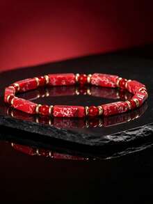 1pc Natural Red Imperial Stone Rectangular Beaded Bracelet Good Luck Wealth, Bohemian Fashion Jewelry Suitable For Men & Women Daily Wear/ Vacation - Red - View 8
