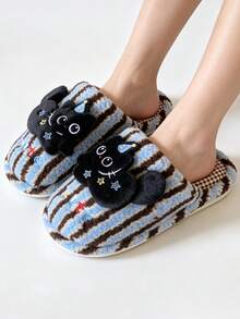 Cute Cartoon Cat Fluffy Slippers Women's Striped Plush Warm Indoor Bedroom Slippers Soft And Comfortable - Blue - View 5