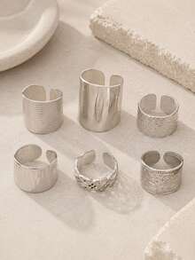 304 Stainless Steel European & American Vintage 6pcs Wide Textured Ring Set, Women's Personalized Hammered Engraved Metallic Stackable Rings, Minimalist Versatile Street Style Daily Party Jewelry - Geometry 6 Pieces - View 6