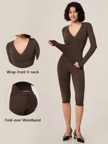 TimeOff Women's One Set Solid Color Cross V-Neck Long Sleeve V-Fold High Waist Mid-Length Pants Set - Brown - View 4