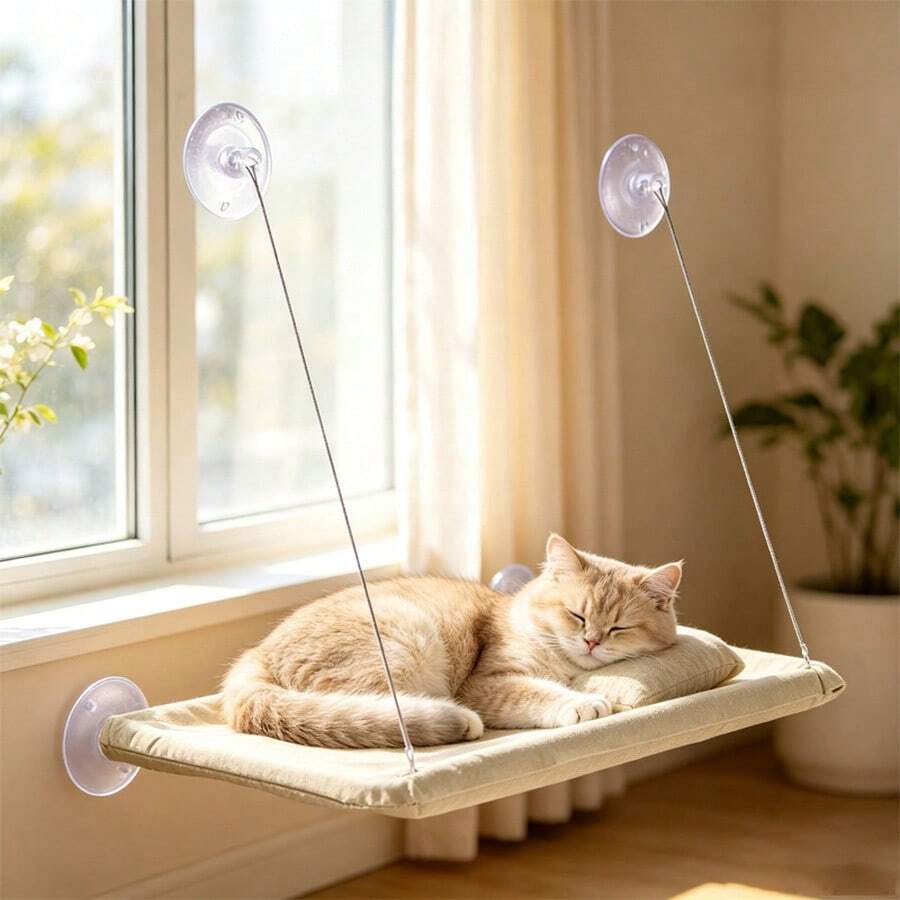 Hammock Gantung untuk Kucing dengan Perekat Kaca yang Kuat, Kain Jaring yang Bernapas, dan Kasur Kucing yang Dapat Dilepas dan Dicuci