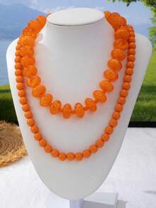 OABE 2pcs/Set Bohemian Style Orange Beaded Necklace Set, Long And Short Layered Necklaces For Women's Daily Wear - Orange - View 7
