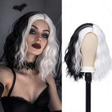 Short Half Black Half White Wig - 12 Inch Curly Wavy Shoulder Length Macaron Color Synthetic Fiber Cosplay Wig - Heat Resistant, Suitable For Halloween, Christmas, Carnival Party - Multicolor - View 1